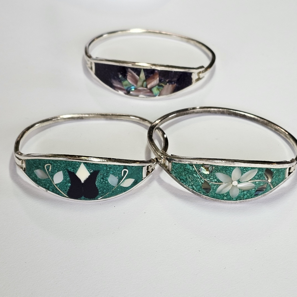Vintage 3 Crushed Turquoise & Abalone Alpaca Silver Bracelets! - Picture 2 of 10